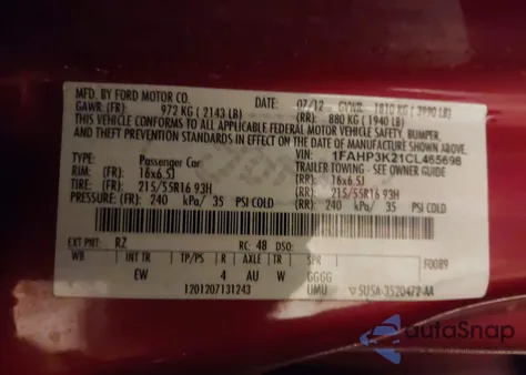 2012 Ford Focus Se from USA, damaged, VIN 1FAHP3K21CL465698